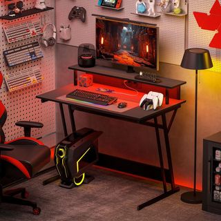 Escritorio Gaming Con Luces LED Y Soporte Para Monitor, 100X60 Cm Mesa Gaming Para Computadora De 32 Pulgadas, Escritorio PC Con USB, TYPE C Y Control Remoto Para Oficina, Estudio Y Casa, Negro