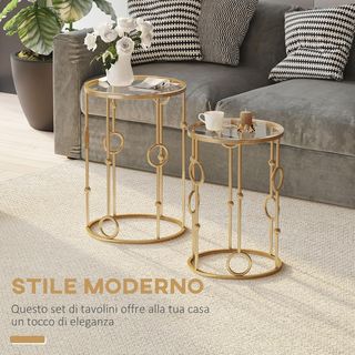Set de 2 Mesas de Café Diseño Elegante con Motivos Circulares, Metal y Vidrio Templado Φ41X57Cm & Φ36X51Cm
