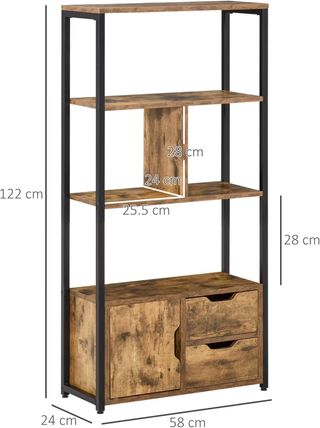 Mueble Librería Con 3 Estantes, Armario Y 2 Cajones, Librería Estilo Industrial En Aglomerado Y Metal, 58X24X122 Cm, Negro Y Color Madera