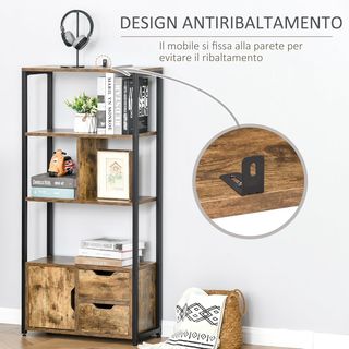 Mueble Librería Con 3 Estantes, Armario Y 2 Cajones, Librería Estilo Industrial En Aglomerado Y Metal, 58X24X122 Cm, Negro Y Color Madera