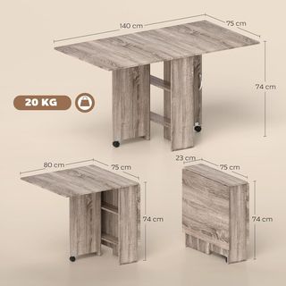 Mesa de Comedor Plegable, Mesa de Cocina Abatible para 6 Personas, Escritorio Plegable Ahorra Espacio Con 2 Estantes Abiertos Y Ruedas Con Freno, para Sala de Estar, Oficina, 140X75X74Cm, Gris