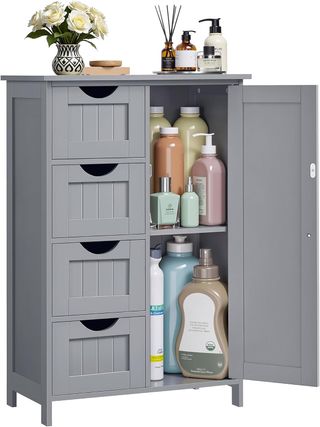 Mueble De Baño, Mueble Para Baño Estrecho, Organizador, Cajonera, Con 4 Cajones, Puerta, Estante Regulable, 30 X 55 X 82 Cm, Gris Tortora LHC041P36