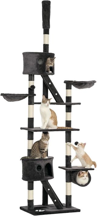 Rascador para Gatos de Techo Con Altura Regulable 240-260 Cm, Árbol Rascador para Gatos Multinivel Con Camas, Hamacas Y Escaleras, Cuerdas de Sisal, Gris