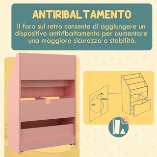 Pequeña Librería para Niños con Estantes, Cajón y Ruedas, Estante para Juguetes y Libros en MDF para Habitación Infantil, 60X29.9X90Cm, Rosa