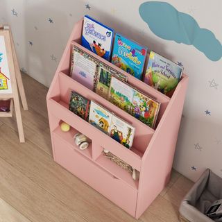 Pequeña Librería para Niños con Estantes, Cajón y Ruedas, Estante para Juguetes y Libros en MDF para Habitación Infantil, 60X29.9X90Cm, Rosa