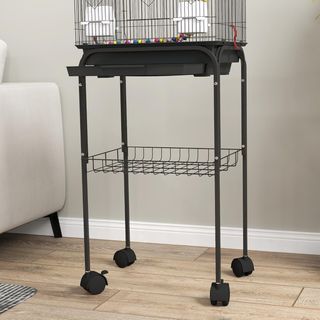 Jaula para Aves con Soporte, Voladera con Estante de Malla y 4 Ruedas Giratorias, Jaulita con Columpio, Cuencos y Juguetes, 46X36X120 Cm, Negro