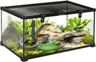 Terrario para Reptiles Elevado Con Cerradura Y Puerta para Alimentación, Terrario para Tortugas Y Serpientes en Vidrio Templado Y Red Metálica, 50X30X25 Cm, Negro