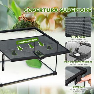 Terrario para Reptiles Elevado Con Cerradura Y Puerta para Alimentación, Terrario para Tortugas Y Serpientes en Vidrio Templado Y Red Metálica, 50X30X25 Cm, Negro
