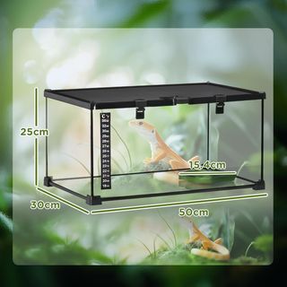 Terrario para Reptiles Elevado Con Cerradura Y Puerta para Alimentación, Terrario para Tortugas Y Serpientes en Vidrio Templado Y Red Metálica, 50X30X25 Cm, Negro