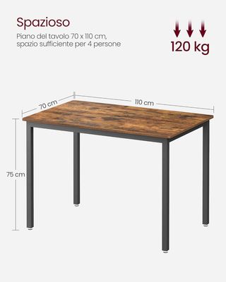 Mesa de Comedor, Mesa de Cocina, 70 X 110 X 77 Cm, para 4 Personas, Escritorio, Diseño Industrial, Marrón Vintage y Negro Mate KDT081B01