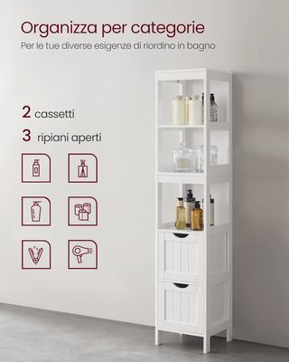 Mobile Alto da Bagno, Armadio da Bagno, Mobile da Bagno, Con 2 Cassetti e 3 Scomparti Aperti, 30 X 30 X 141,5 Cm, per Bagno, Soggiorno, Cucina, Bianco BBC66WT