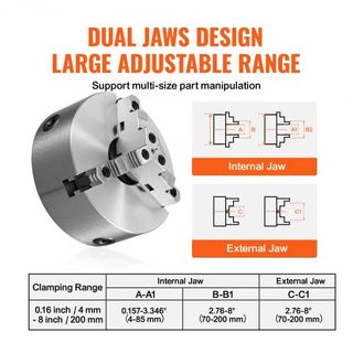 Chuck de Torno de 3 Garras, 8'', Chuck Autocentrante, Rango de Sujeción de 0.16-8 in/4-200 mm con Tornillos de Fijación en T y Llave Hexagonal, para Torno, Impresora 3D, Centro de Mecanizado, Máqu...