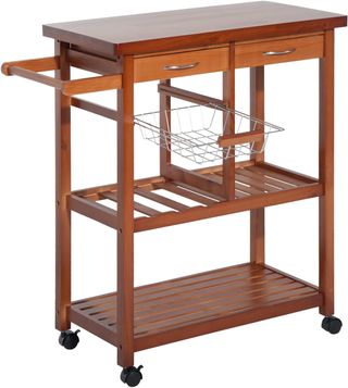 Carro de Cocina de Madera con Portabotellas, Cesta, 2 Estantes, 2 Cajones, Madera de Pino, Resistente, Práctico, Versátil, 84.5X37.2X85Cm