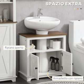 Mueble de Baño Bajo Lavabo con Armario de 2 Puertas y Estante Abierto, Mueble de Baño en Aglomerado, para Lavabos Con o Sin Columna, 60X30X60 Cm, Blanco y Color Nogal