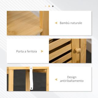 Armario de Baño en Bambú, Mueble de Baño con 2 Estantes Abiertos, Armario de 2 Niveles y Puerta de Ranura, 32.9X29.9X120 Cm