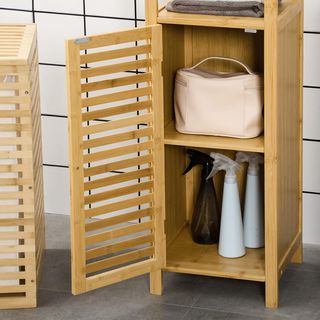 Armario de Baño en Bambú, Mueble de Baño con 2 Estantes Abiertos, Armario de 2 Niveles y Puerta de Ranura, 32.9X29.9X120 Cm