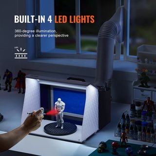 Cabina de Spray para Aerógrafo, Kit Portátil de Aerógrafo con 4 Luces LED, Potentes Ventiladores de Doble Escape, Plato Giratorio y Manguera de 6 pies, para Pintar Modelos, Artes, Manualidades, Pa...