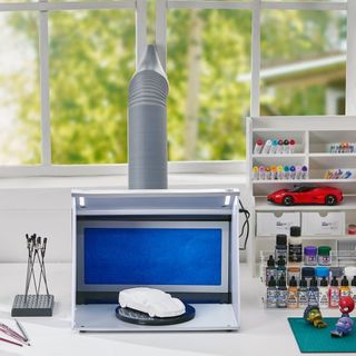 Cabina de Spray para Aerógrafo, Kit Portátil de Aerógrafo con 4 Luces LED, Potentes Ventiladores de Doble Escape, Plato Giratorio y Manguera de 6 pies, para Pintar Modelos, Artes, Manualidades, Pa...