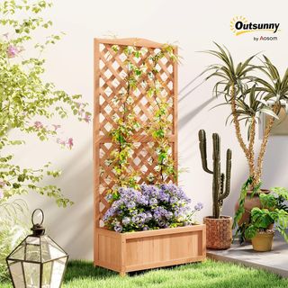 Cama para Huerto Elevado de Exterior con Enrejado, Jardín Elevado de Exterior con Trébol para Plantas Trepadoras en Madera de Abeto, para Flores y Verduras, para Jardín y Balcón, 76X36X170 Cm, Marrón