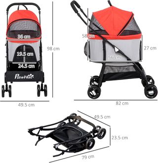 Carrito para Perros 3 en 1 Plegable Convertible en Bolsa de Transporte, Asiento de Auto con 2 Correas, Almohadilla, Carrito para Animales de Acero, Tela Oxford, 82X49.5X98Cm, Rojo Gris