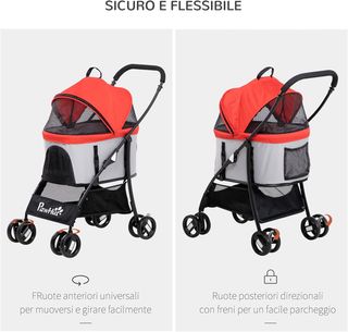 Carrito para Perros 3 en 1 Plegable Convertible en Bolsa de Transporte, Asiento de Auto con 2 Correas, Almohadilla, Carrito para Animales de Acero, Tela Oxford, 82X49.5X98Cm, Rojo Gris