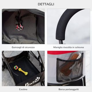 Carrito para Perros 3 en 1 Plegable Convertible en Bolsa de Transporte, Asiento de Auto con 2 Correas, Almohadilla, Carrito para Animales de Acero, Tela Oxford, 82X49.5X98Cm, Rojo Gris