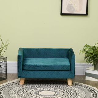 Sofá para Perros y Gatos con Diseño Escandinavo y Cojín Acolchado, Cama para Animales de Interior en Terciopelo y Madera, 64X45X36Cm, Azul
