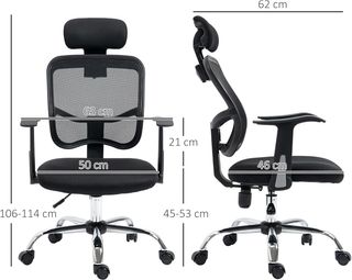 Silla De Oficina Ergonómica Reclinable Con Asiento Regulable Y Reposacabezas, Silla De Escritorio De Tela De Malla Y Acero Para Casa Y Estudio, 63X62X106-114 Cm, Negro