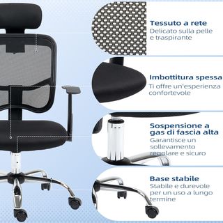 Silla De Oficina Ergonómica Reclinable Con Asiento Regulable Y Reposacabezas, Silla De Escritorio De Tela De Malla Y Acero Para Casa Y Estudio, 63X62X106-114 Cm, Negro