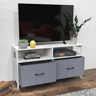 Mueble de TV 45" Máx en MDF y Tela No Tejida con 2 Cajones Extraíbles y 2 Estantes, 100X30X53 Cm, Blanco y Gris