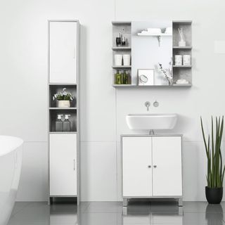 Armario Espejo de Baño de Pared, Mueble Colgante Moderno con Puerta y Estantes de Madera, 80X19.8X64Cm, Gris
