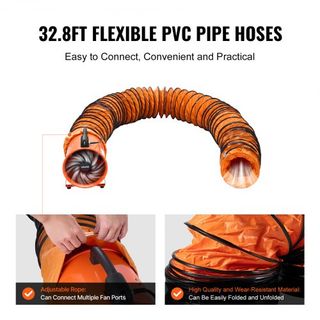 Ventilador Portátil de 300 mm, Ventilador Industrial de Alta Velocidad de 2 Velocidades 2894CFM con Manguera Flexible de 10 m, Ventilador Axial de Escape para Sótanos, Talleres, Almacenes, Naranja