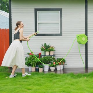 Enrollador de Manguera de Jardín Retráctil con Manguera de Agua de 15 m, Carrete de Manguera de Pared Giratorio a 180°, Enrollador Automático de Manguera de Jardín para Riego de Plástico, Verde