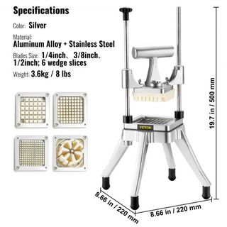 Cortador de Verduras y Frutas Comercial, Cortador de Papas Fritas de Acero Inoxidable con 4 Cuchillas 1/4" 3/8" 1/2", Cortador en 6 Gajos, Picador Cortador con Bandeja, Cortador de Alta Resistenci...