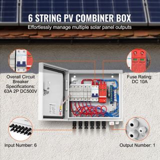 Caja combinadora PV, 6 cadenas, Caja combinadora solar con fusible de corriente nominal de 10A, interruptor de circuito de 63A, pararrayos y conector solar, caja de acero para sistema de panel sol...