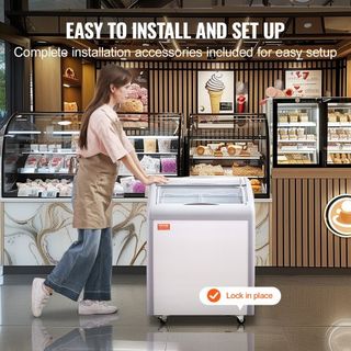 Vitrina de Helados Comercial, Congelador de Cofre de 154 L, Congelador Profundo Móvil con Tapa de Vidrio, Gabinete de Dipping de Gelato para Restaurante con 2 Cestas de Alambre, 2 Puertas de Vidri...