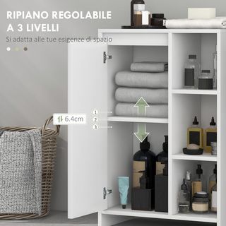 Mobile da Bagno con 3 Ripiani Aperti e Armadio a Una Porta, Mobile da Bagno con Ripiano Interno Regolabile, 53X30X80Cm, Bianco