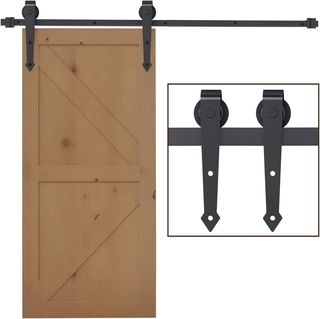 Kit de Puerta Corredera de 2 m en Acero al Carbono, Riel para Puerta Corredera Simple con Ruedas Estilo Rústico, Marrón