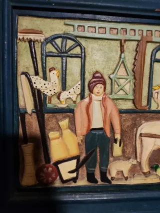 Cuadro relieve escena rural vintage