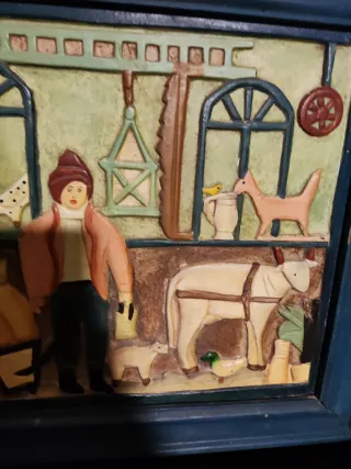 Cuadro relieve escena rural vintage