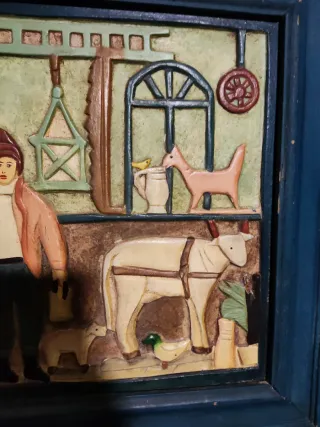 Cuadro relieve escena rural vintage