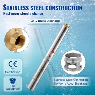Bomba Sumergible de Pozo Profundo, 750W 230V 60Hz, 7.1 m³/h de Caudal Máximo 75 m de Altura Máxima, con Cable Eléctrico de 9.1 m, Bomba de Agua de Acero Inoxidable para Uso Industrial, Irrigación ...