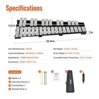Kit de Campanas Glockenspiel de 30 Notas, Instrumento de Percusión con Maquetas, Palos de Tambor y Bolsa de Transporte, Conjunto Profesional de Instrumentos de Percusión Glockenspiel para Estudian...