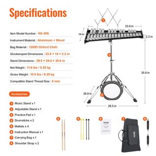 Kit de Campanas Glockenspiel de 30 Notas, Conjunto de Instrumentos de Percusión Profesional con Mallets, Palos de Batería, Soporte de Música, Pad de Práctica de 203 mm / 8", Soporte Ajustable y Bo...