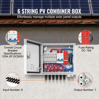 Caja combinadora PV, 6 cadenas, caja combinadora solar con fusible de corriente nominal de 15A, interruptor de circuito de 125A, pararrayos y conector solar, caja de acero para sistemas de paneles...