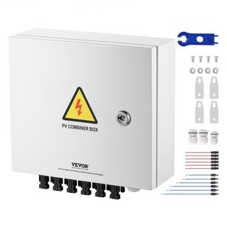 Caja combinadora PV, 6 cadenas, caja combinadora solar con fusible de corriente nominal de 15A, interruptor de circuito de 125A, pararrayos y conector solar, caja de acero para sistemas de paneles...
