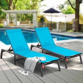 Sillas de Lounge Chaise al Aire Libre, Sillas de Patio de Aluminio con Ajuste de 5 Posiciones, Sillas de Lounge Plegables para la Piscina y Sillas de Tanning Planas para Patio, Playa, Piscina, Azu...