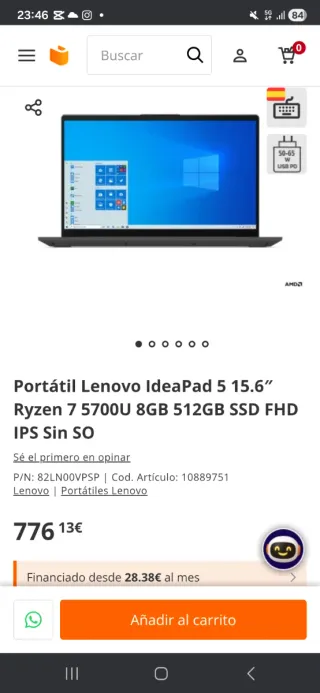 Portátil Lenovo Ryzen 7 5700U