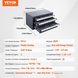 Gabinete Dispensador de Brocas, Gabinete Organizador de Brocas de Tres Cajones para 1.59 mm a 12.7 mm, Gabinete Organizador de Acero para Dispensador de Brocas con Etiquetas, Dispensador Apilable ...