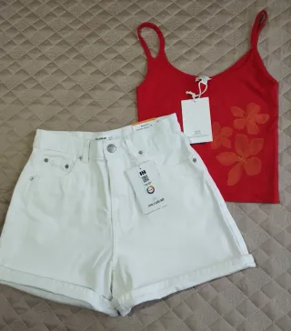 Lote Pull&Bear: Top Rojo y Shorts Blancos T.36